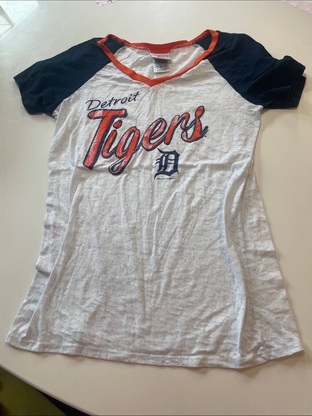 Detroit Tigers Women’s Raglan Tee — White with Navy & Orange
